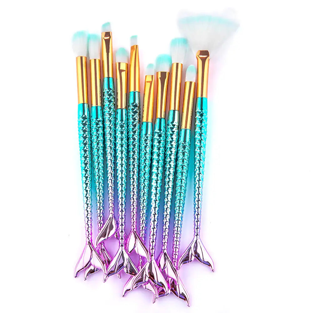 11-piece mermaid tail makeup brush set with gradient design, perfect for beauty enthusiasts and professionals.
