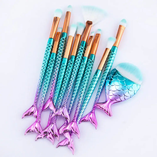 11-piece mermaid tail makeup brush set with gradient design for stunning eye makeup application.